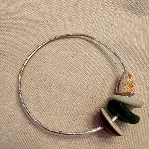 Hammered Sterling Silver Bangle with Sea Glass & Shells